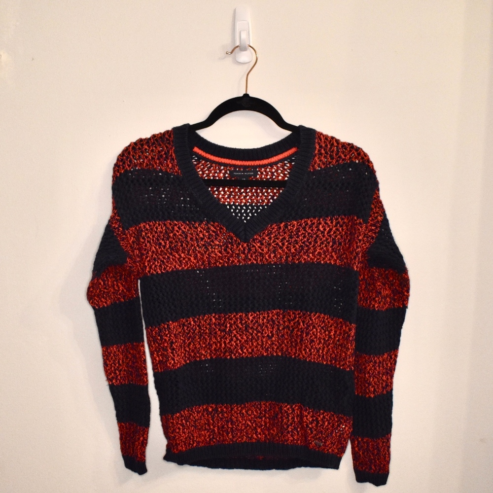 Tommy Hilfiger Red & Navy Knit V-neck Sweater